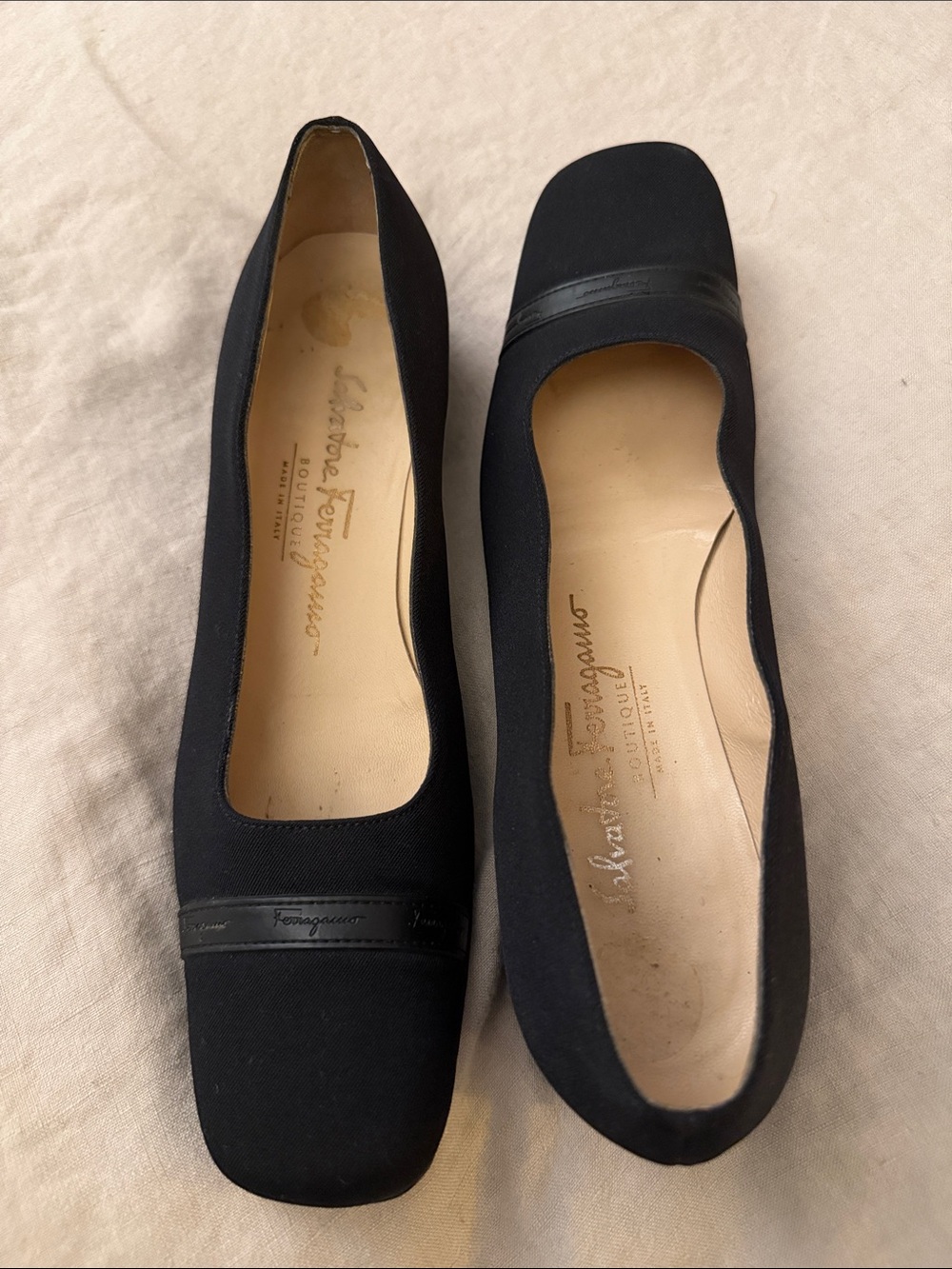 Salvatore Ferragamo Black Square-Toe Low Heeled Pumps